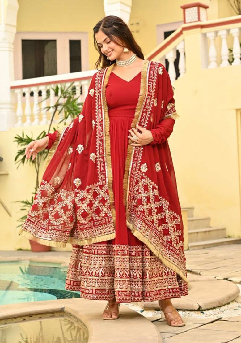 Red Embroidered Faux Blooming Anarkali Set - Indya