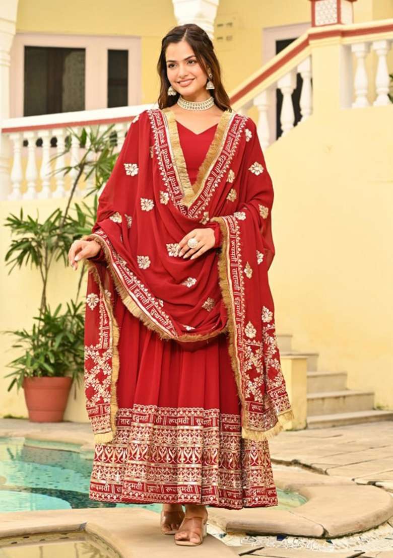 Red Embroidered Faux Blooming Anarkali Set - Indya