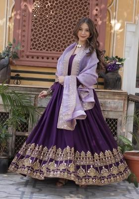 Purple Embroidered Georgette Anarkali Set
