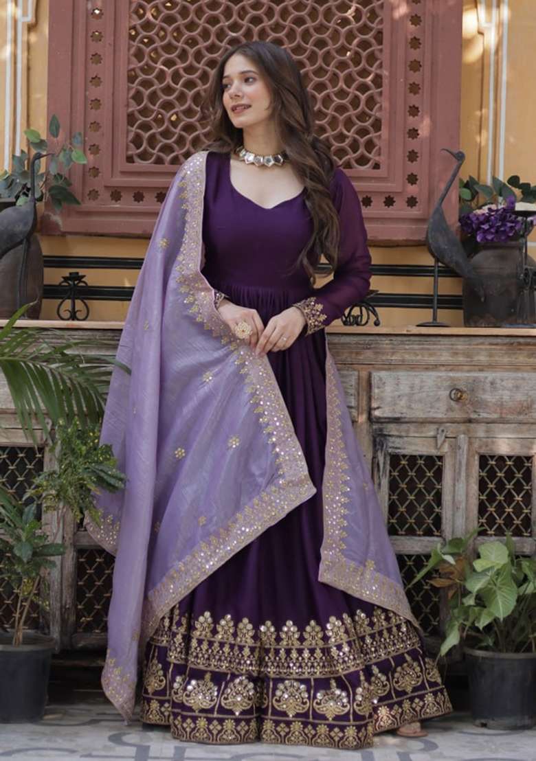 Purple Embroidered Georgette Anarkali Set - Indya