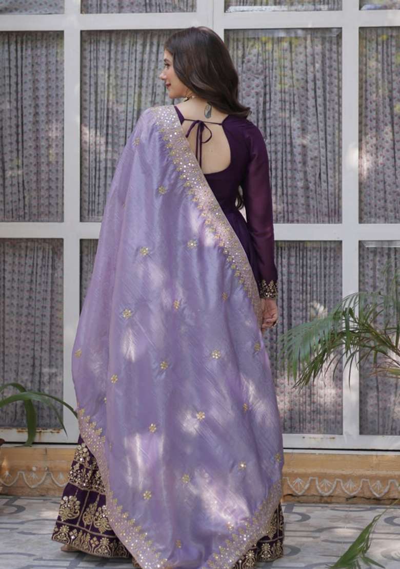 Purple Embroidered Georgette Anarkali Set - Indya