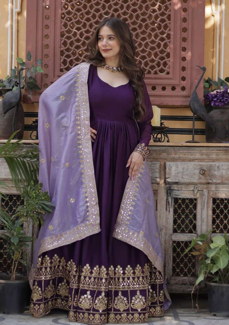 Purple Embroidered Georgette Anarkali Set - Indya