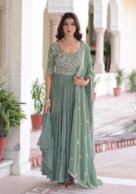 Pista Beads Work Faux Blooming Anarkali Set