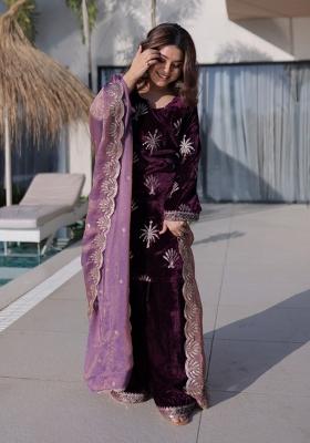 Purple Embroidered Velvet Anarkali Set