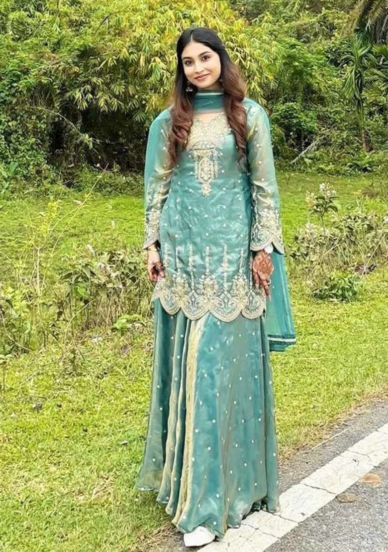 Blue Embroidered Silk Sharara Set - Indya
