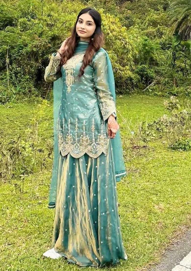 Blue Embroidered Silk Sharara Set - Indya