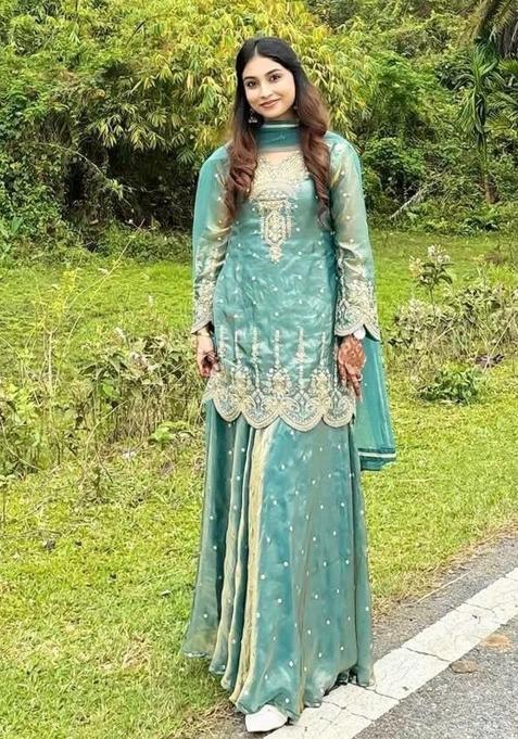 Blue Embroidered Silk Sharara Set