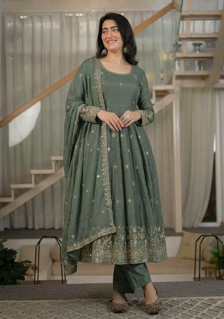 Green Embroidered Silk Anarkali Set - Indya