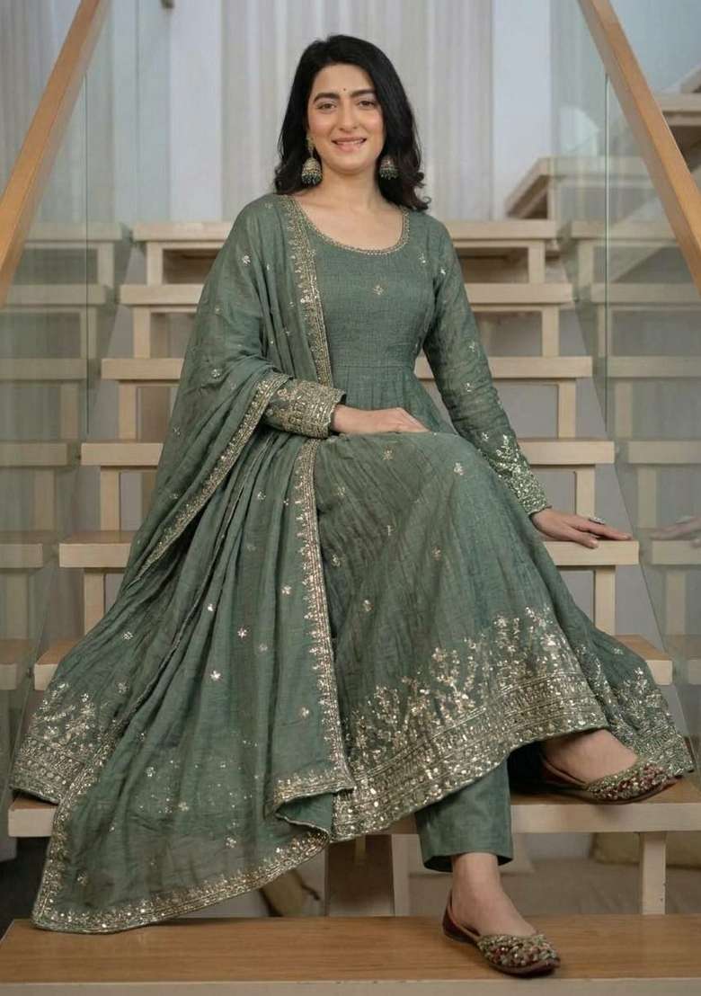 Green Embroidered Silk Anarkali Set - Indya