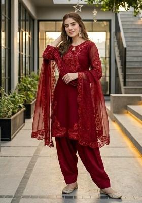 Red Embroidered Silk Salwar Kameez