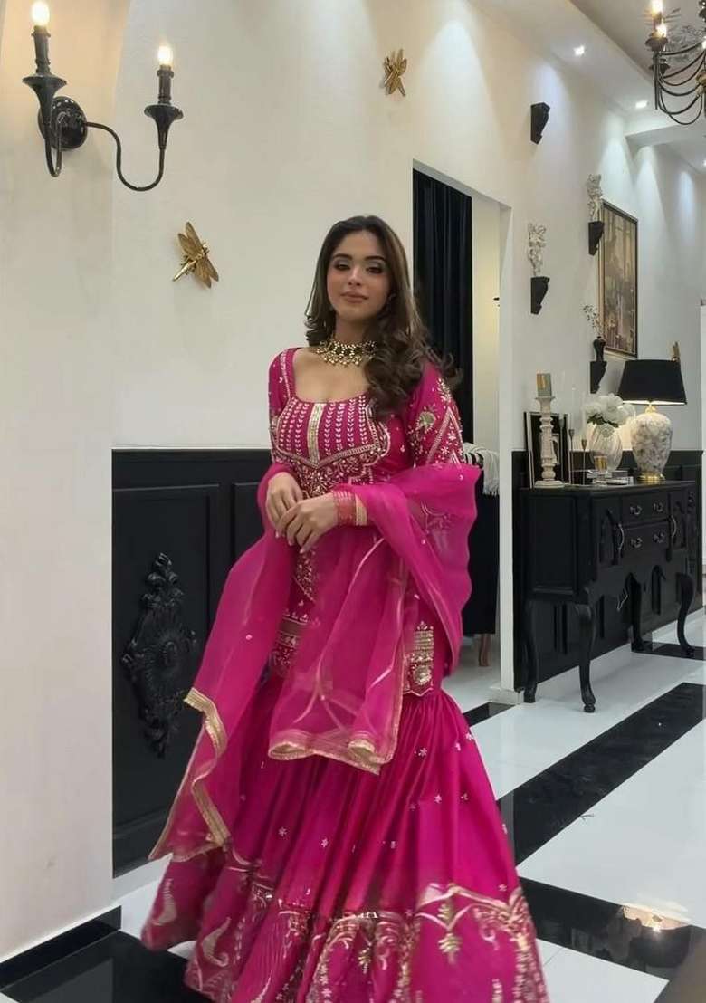 Pink Embroidered Silk Sharara Set - Indya
