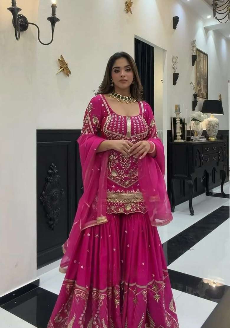Pink Embroidered Silk Sharara Set - Indya