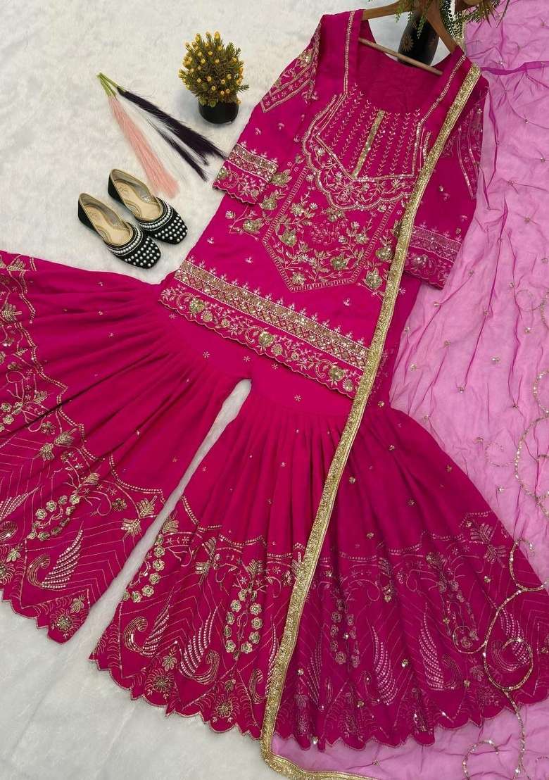 Pink Embroidered Silk Sharara Set - Indya