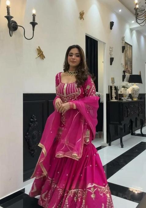 Pink Embroidered Silk Sharara Set