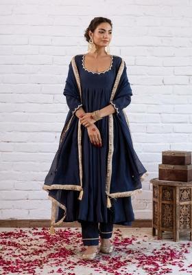 Blue Beads Work Silk Anarkali Set
