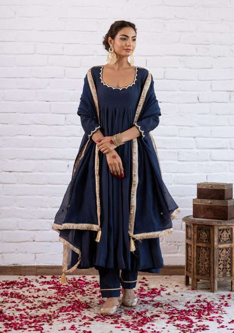 Blue Beads Work Silk Anarkali Set - Indya
