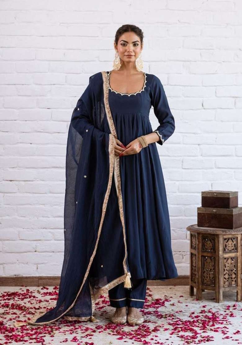 Blue Beads Work Silk Anarkali Set - Indya
