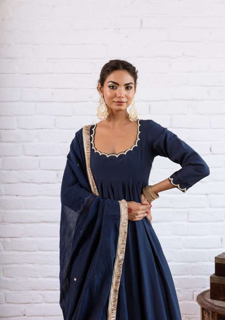 Blue Beads Work Silk Anarkali Set - Indya