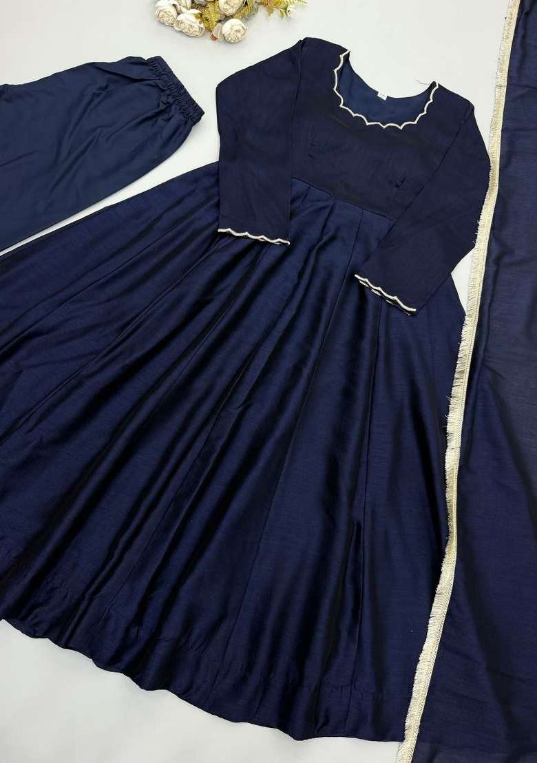 Blue Beads Work Silk Anarkali Set - Indya