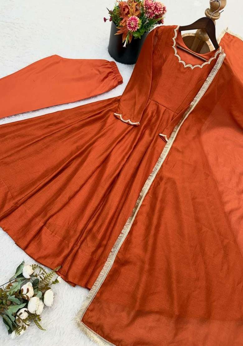 Orange Beads Work Silk Anarkali Set - Indya
