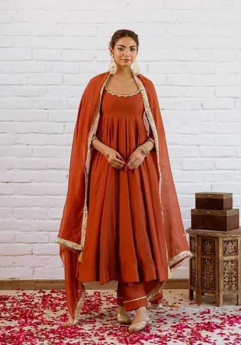 Orange Beads Work Silk Anarkali Set