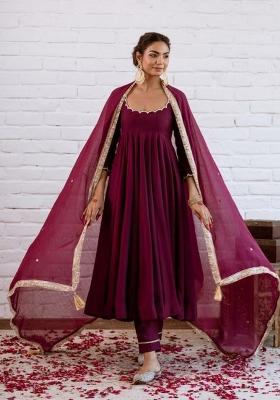 Wine Beads Work Silk Anarkali Set
