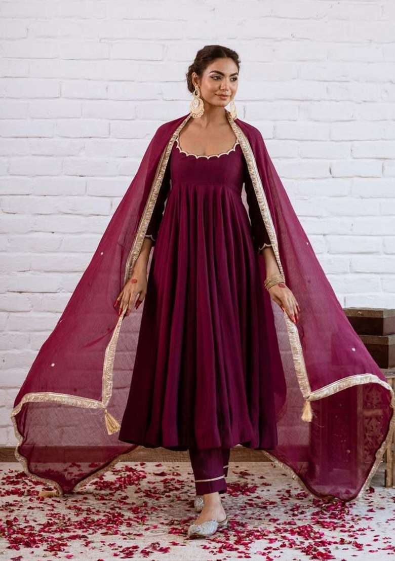 Wine Beads Work Silk Anarkali Set - Indya