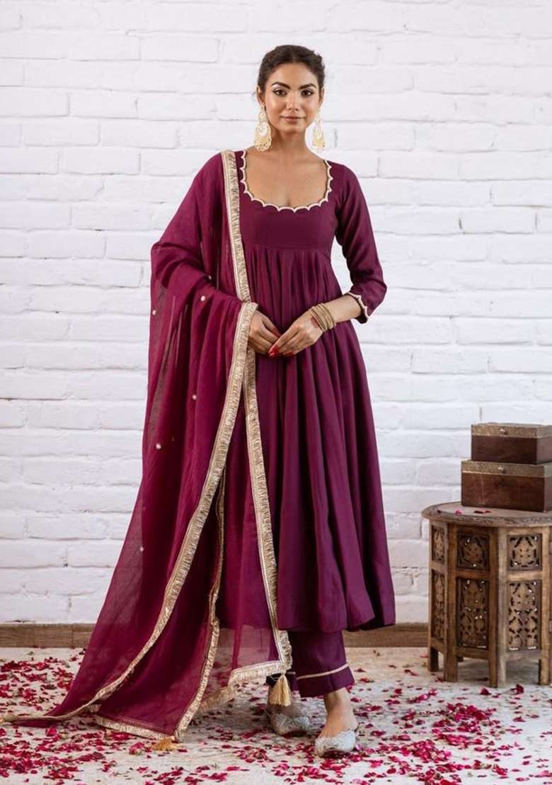 Wine Beads Work Silk Anarkali Set - Indya