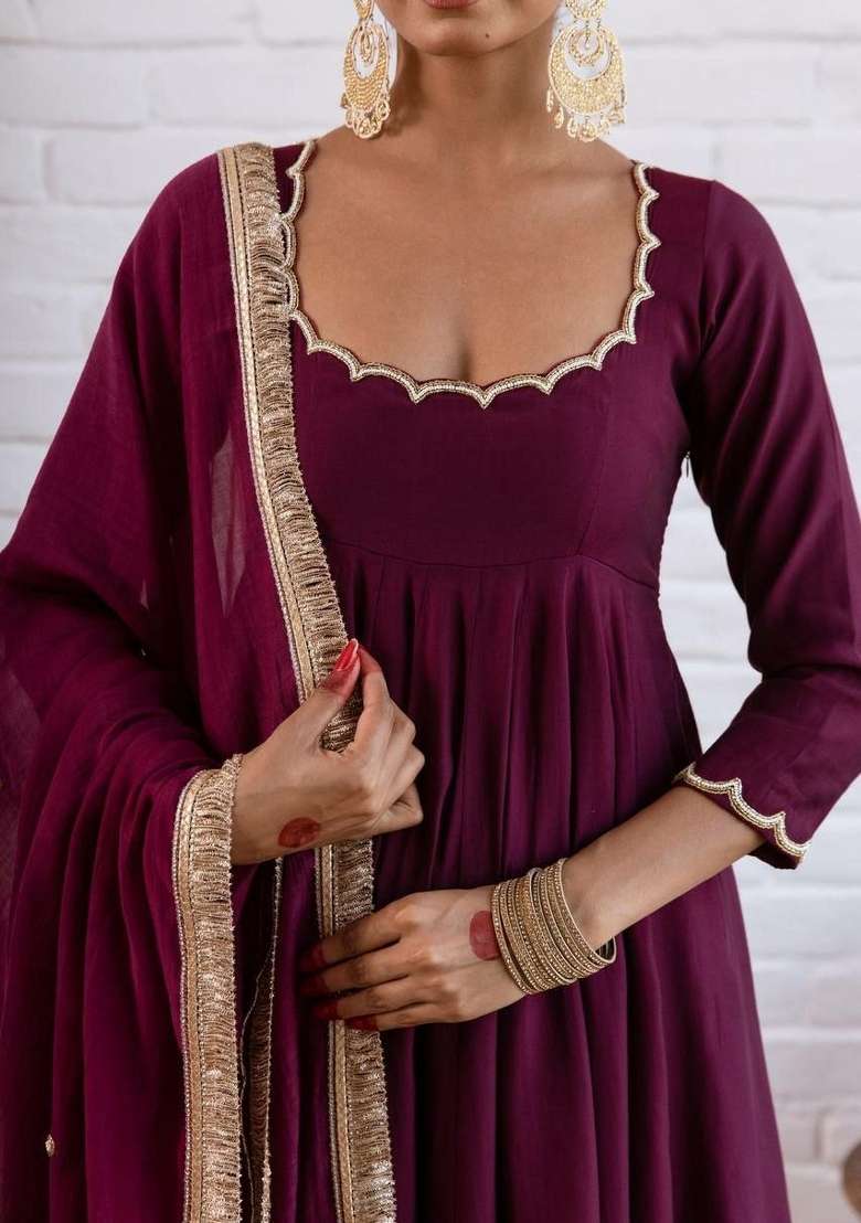 Wine Beads Work Silk Anarkali Set - Indya