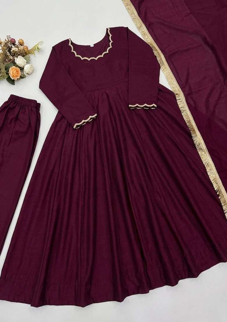 Wine Beads Work Silk Anarkali Set - Indya