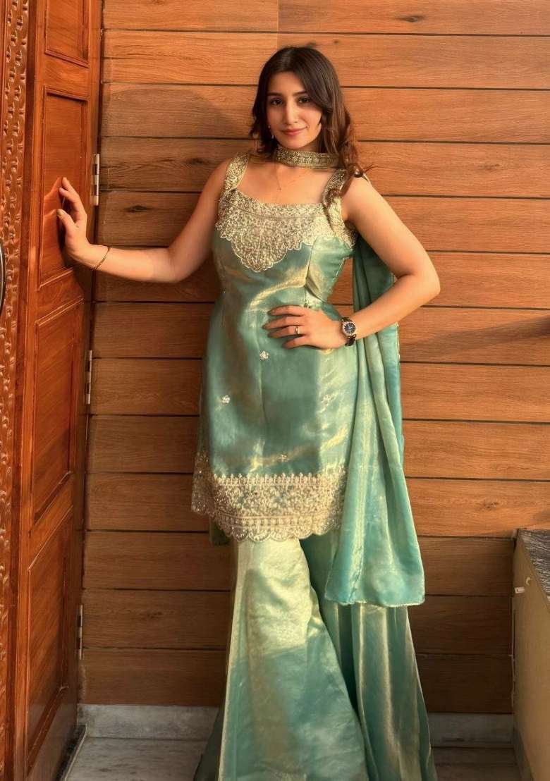 Green Embroidered Silk Sharara Set - Indya