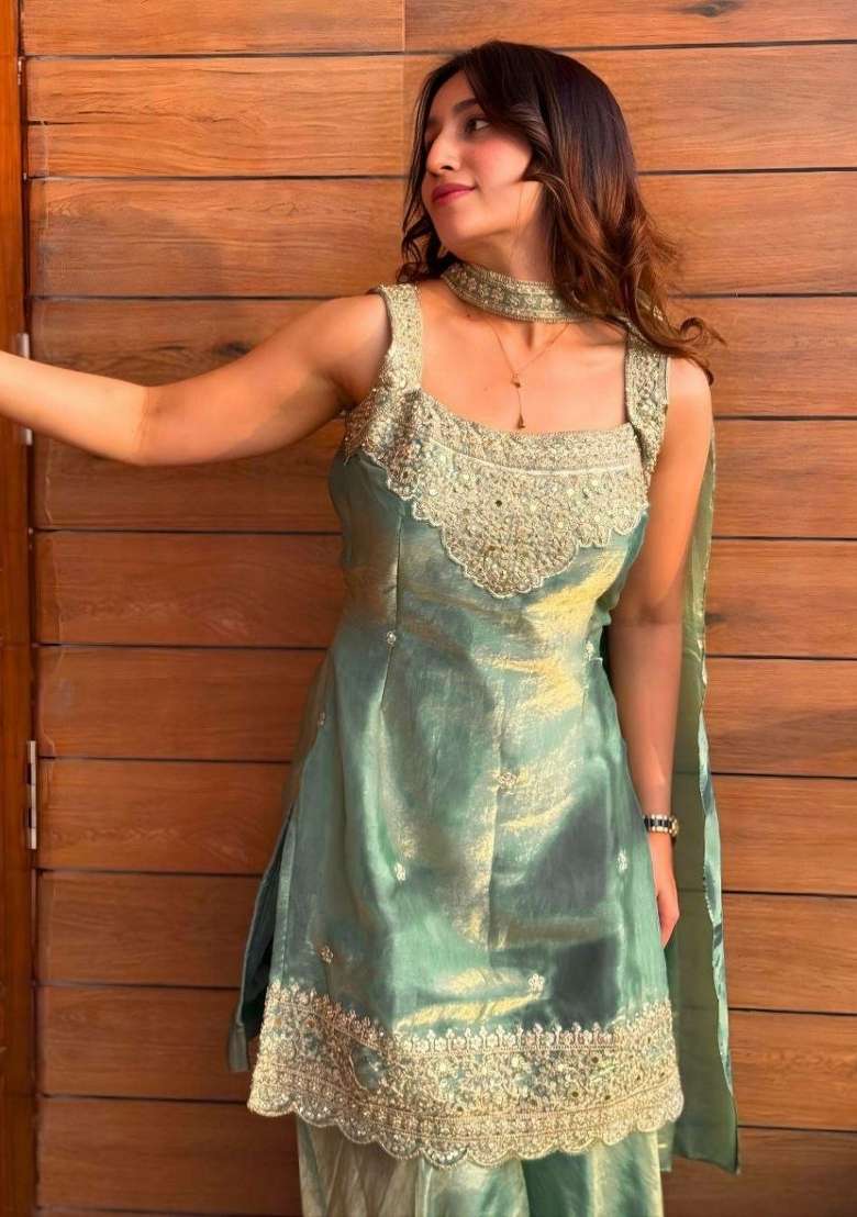 Green Embroidered Silk Sharara Set - Indya