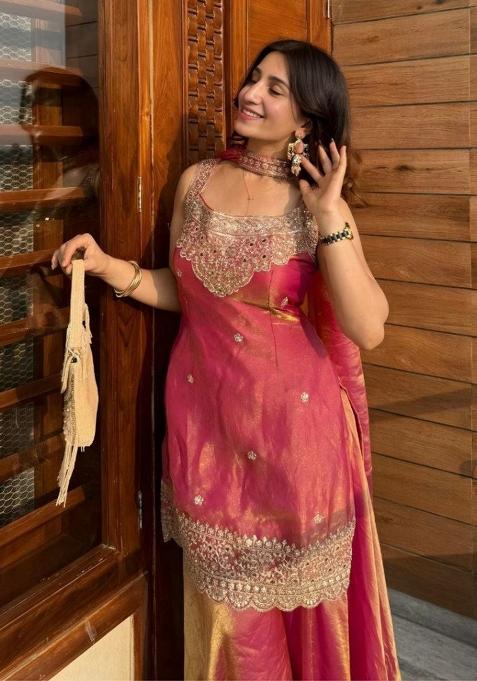 Pink Embroidered Silk Sharara Set