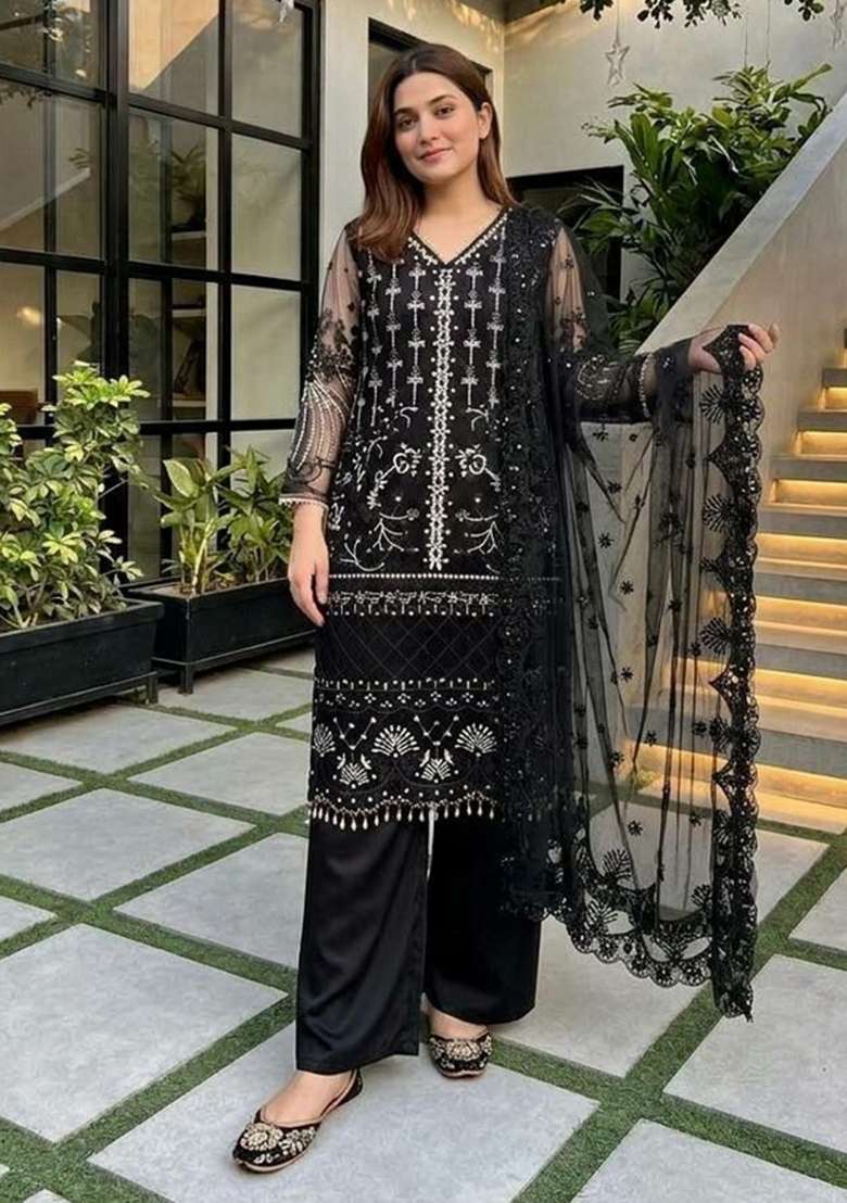 Black Sequin Work Net Palazzo Set - Indya