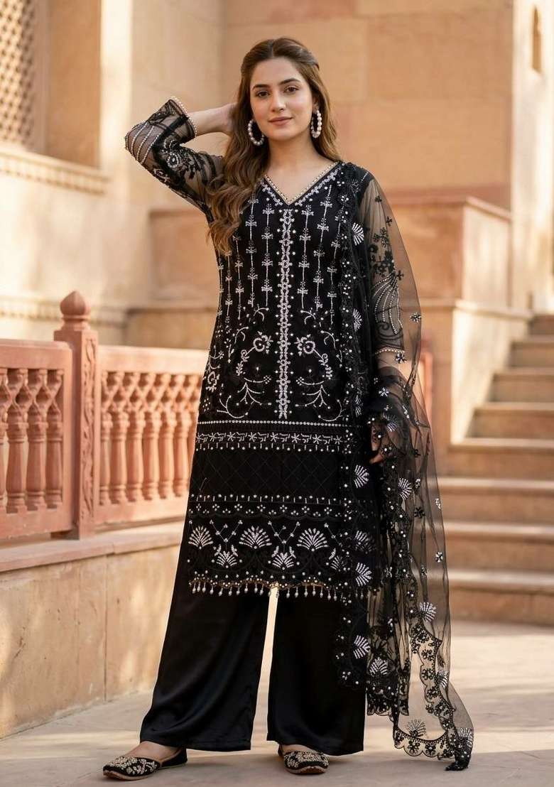 Black Sequin Work Net Palazzo Set - Indya