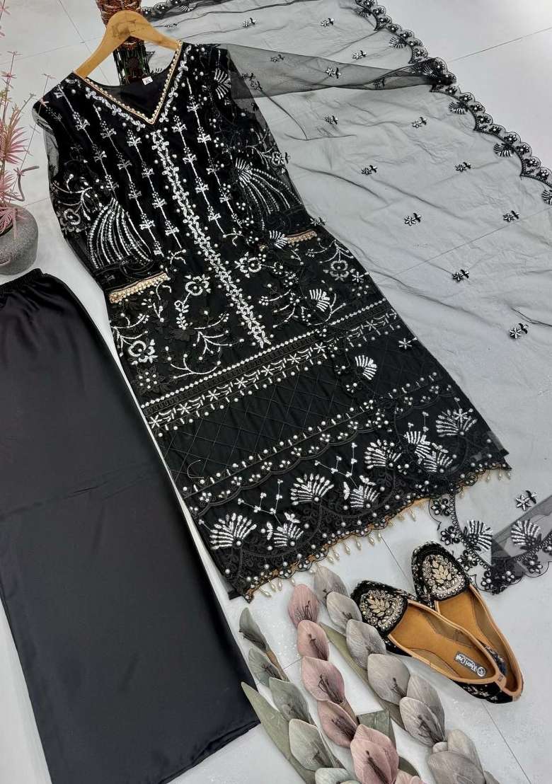 Black Sequin Work Net Palazzo Set - Indya