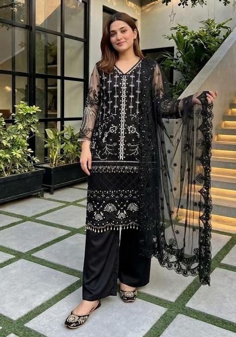 Black Sequin Work Net Palazzo Set