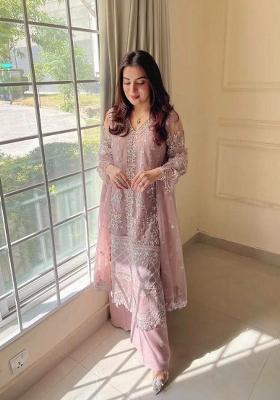 Pink Sequin Work Net Palazzo Set