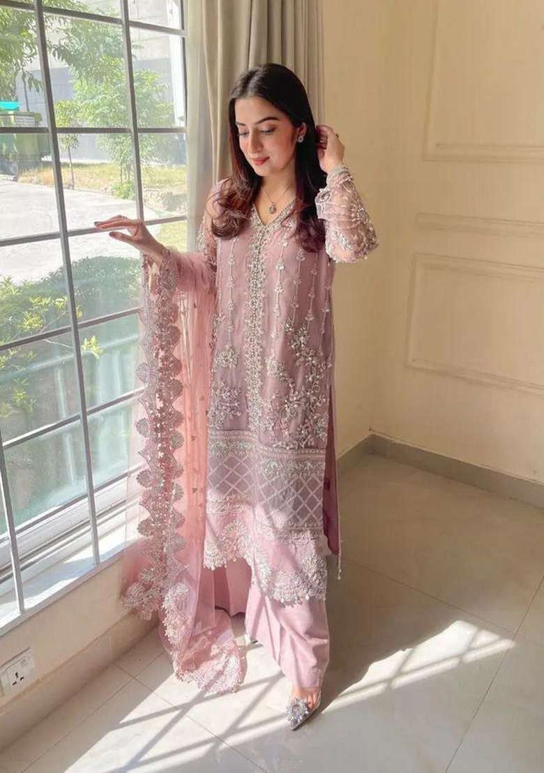 Pink Sequin Work Net Palazzo Set - Indya