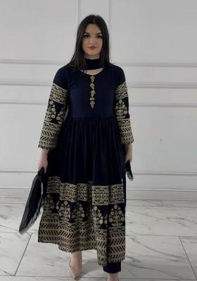 Blue Embroidered Faux Blooming Anarkali Set