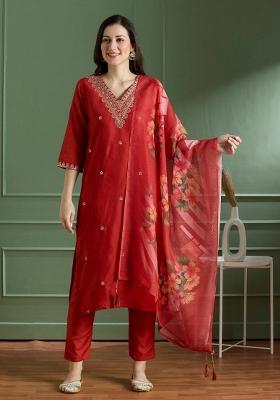 Red Embroidered Rayon Salwar Kameez