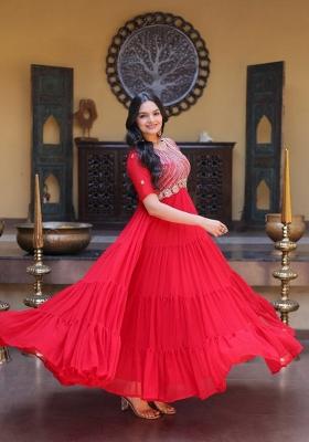 Red Embroidered Faux Blooming Anarkali Set