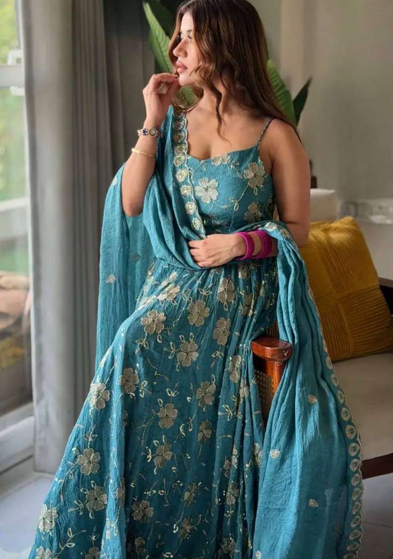 Blue Embroidered Silk Anarkali Set - Indya