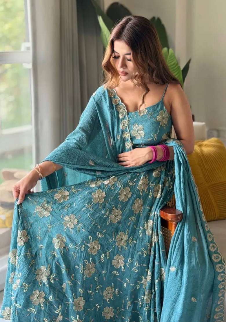 Blue Embroidered Silk Anarkali Set - Indya