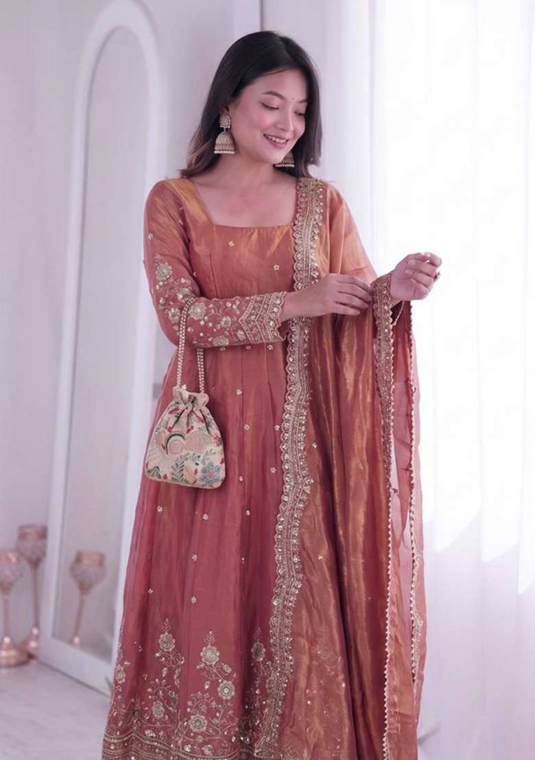 Orange Embroidered Silk Anarkali Set - Indya