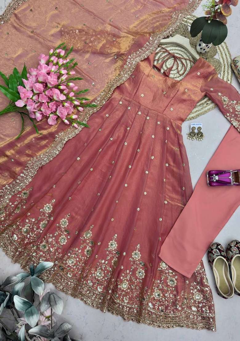 Orange Embroidered Silk Anarkali Set - Indya