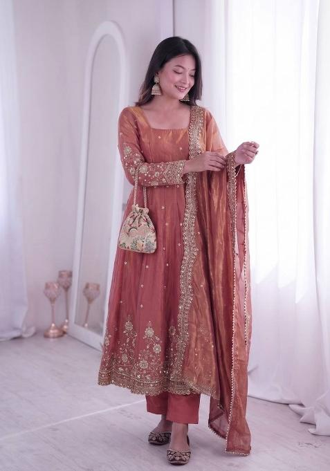Orange Embroidered Silk Anarkali Set