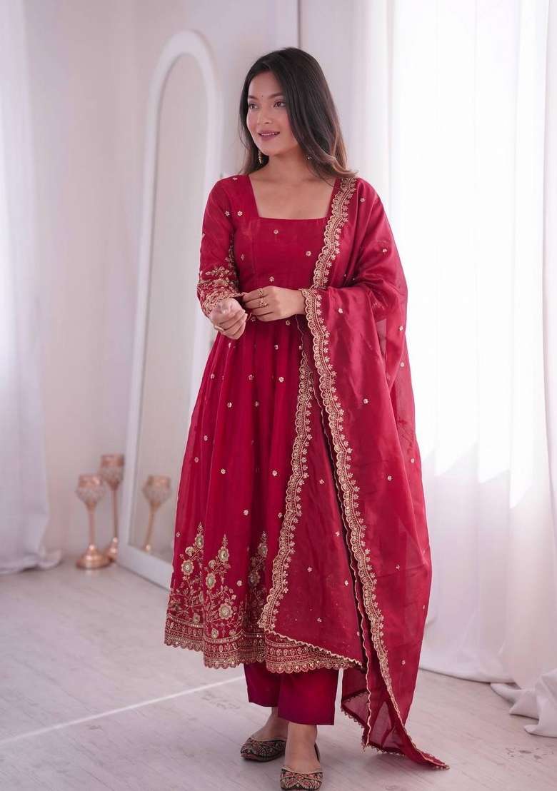 Red Embroidered Silk Anarkali Set - Indya