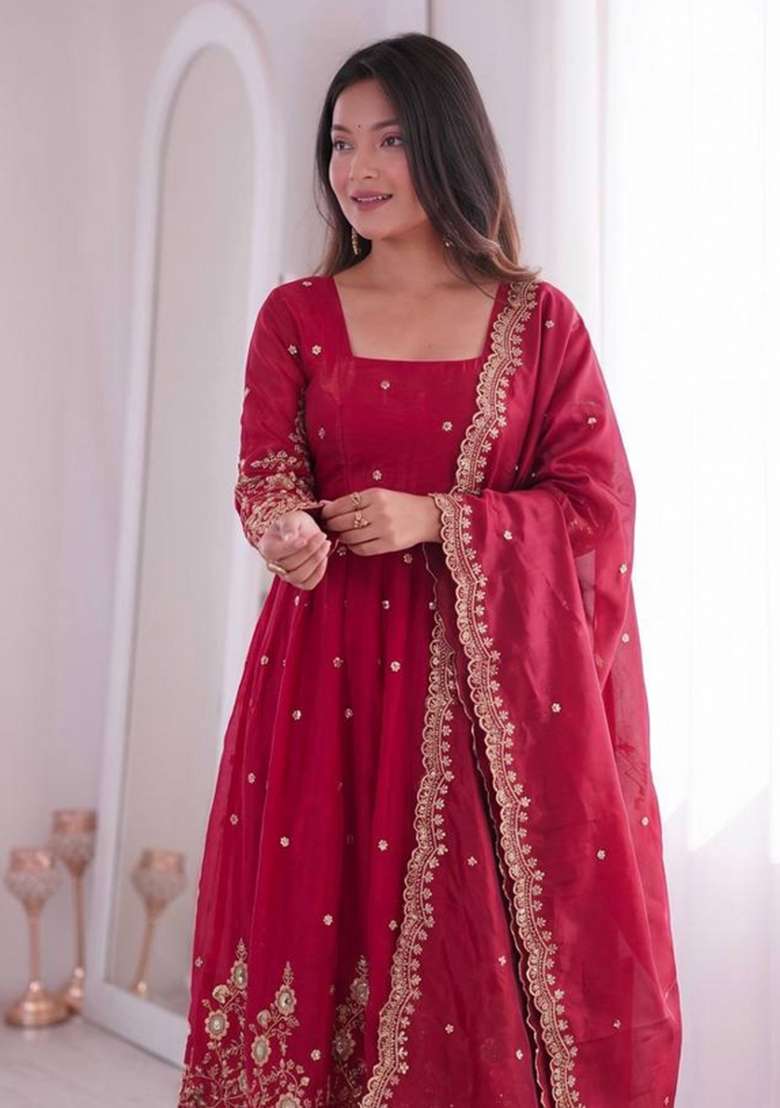 Red Embroidered Silk Anarkali Set - Indya