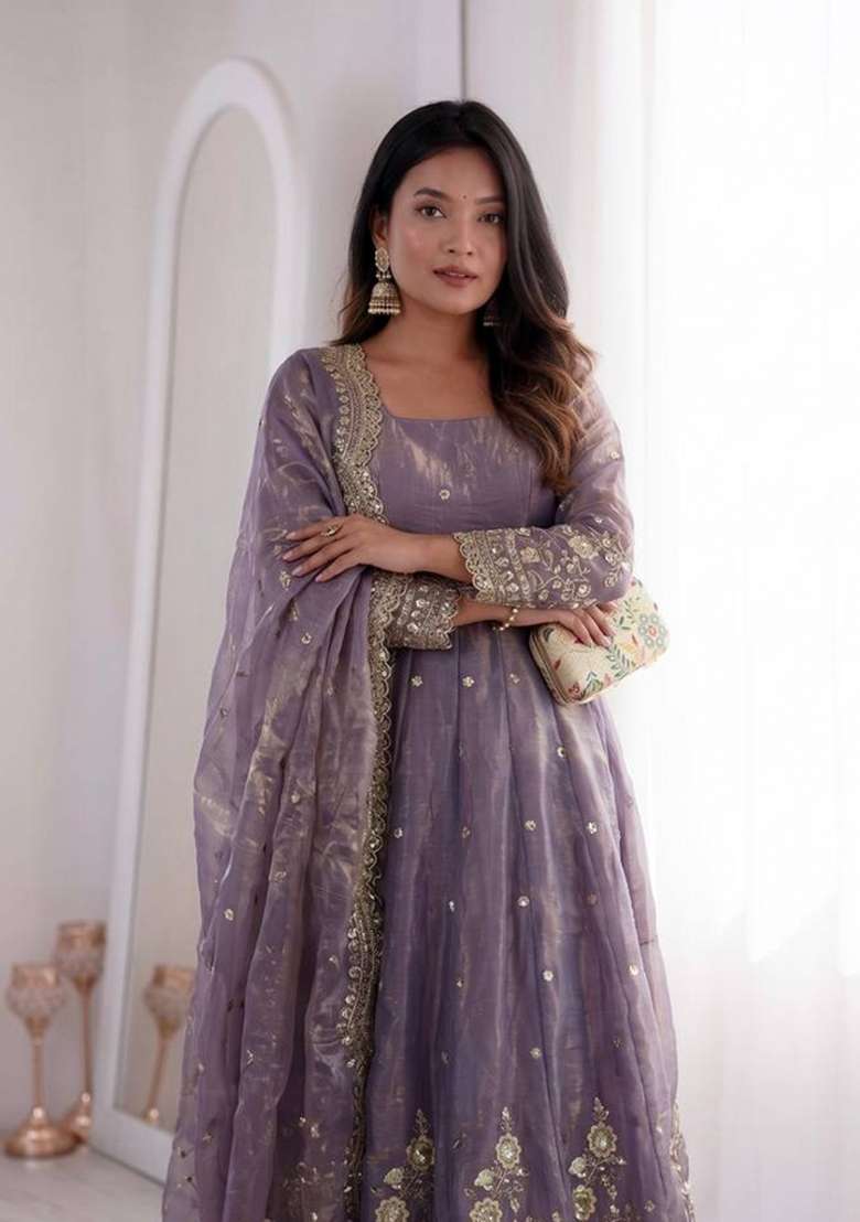 Purple Embroidered Silk Anarkali Set - Indya